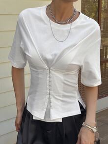 Livesso Spring Summer Loose Business Casual French Modest Fashion Office Brunch Everyday Wear Street Design Patchwork Short Sleeve Women's T-Shirt White - White - View 2