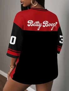 Betty Boop X Slaydiva CURVE Casual Minimalist V-Neck Plus Size T-Shirt, Suitable For Summer - Multicolor - View 2