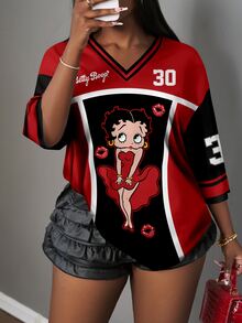 Betty Boop X Slaydiva CURVE Casual Minimalist V-Neck Plus Size T-Shirt, Suitable For Summer - Multicolor - View 5