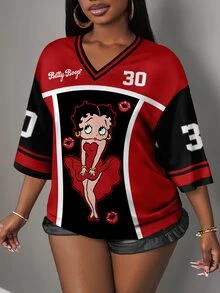 Betty Boop X Slaydiva CURVE Casual Minimalist V-Neck Plus Size T-Shirt, Suitable For Summer - Multicolor - View 4