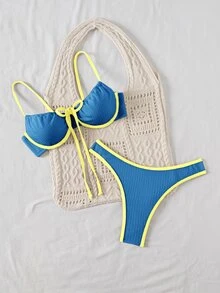 SHEIN Women's Summer Blue Beach Gay Summer Contrast Color Tie Front Bikini Set Two Pieces Textured Vacation Bathing Suit Swimwear Set - Multicolor - View 7