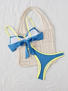 SHEIN Women's Summer Blue Beach Gay Summer Contrast Color Tie Front Bikini Set Two Pieces Textured Vacation Bathing Suit Swimwear Set - Multicolor - View 3