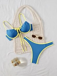 SHEIN Women's Summer Blue Beach Gay Summer Contrast Color Tie Front Bikini Set Two Pieces Textured Vacation Bathing Suit Swimwear Set - Multicolor - View 4