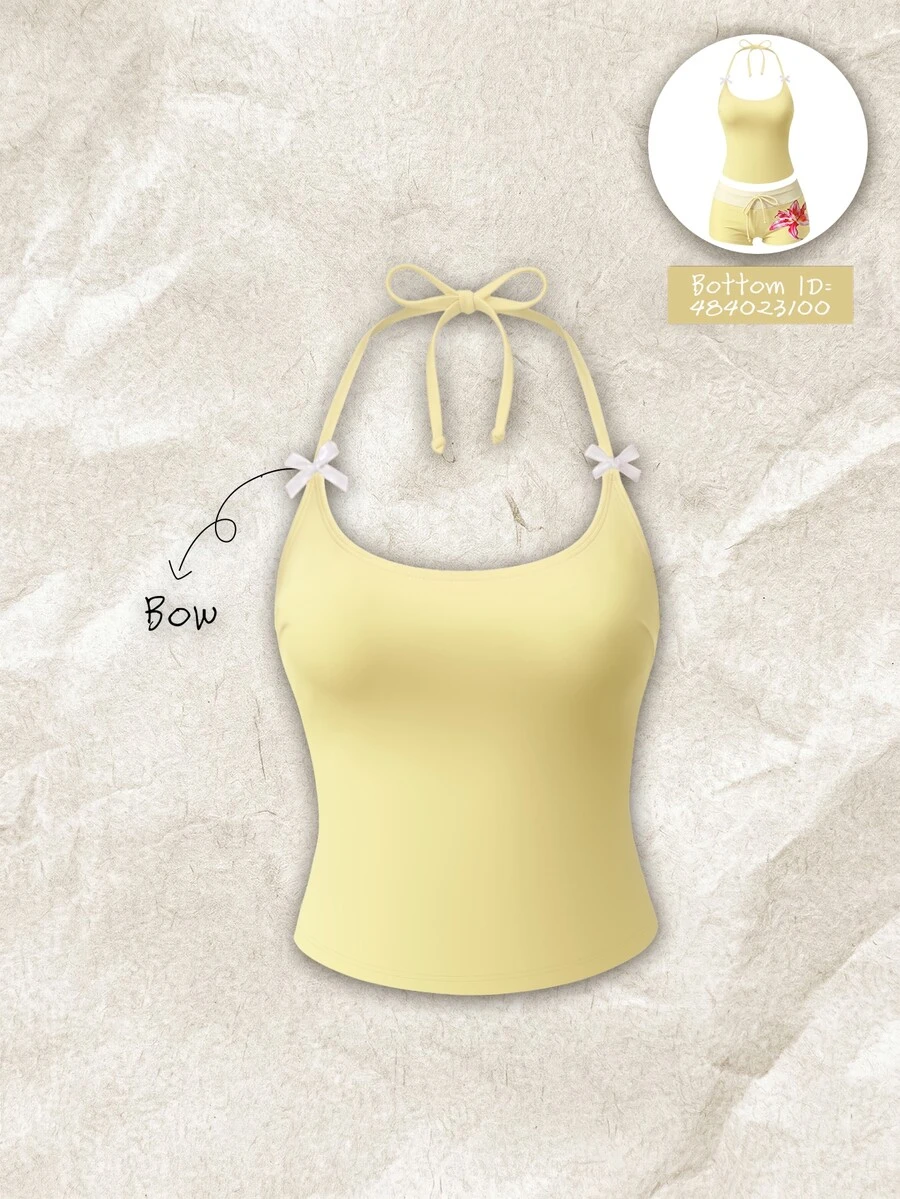 SHEIN Swim Top de bikini tankini elegante amarillo para mujer, verano/otoño, con lazo, sin Bottom, para fiesta en piscina, playa y vacaciones - Amarillo - Ver 1