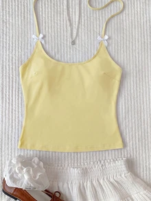 SHEIN Swim Top de bikini tankini elegante amarillo para mujer, verano/otoño, con lazo, sin Bottom, para fiesta en piscina, playa y vacaciones - Amarillo - Ver 2