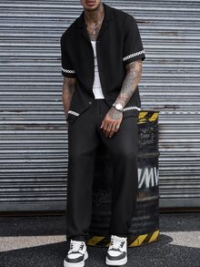 SLATEMANN 男士舒適斜紋布熱銷短袖襯衫與抽繩鬆緊腰長褲兩件套，袖口與下擺3D印花，休閒度假、派對、聚會、朋友約會、簡約辦公適用，春夏經典山本風短袖長褲套裝，熱銷襯衫套裝，適合自穿或送禮給朋友 - 黑色 - 查看 5