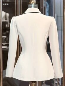 Franclia 通勤时尚百搭束腰双排扣金属纽扣撞色饰边卡其色女式西装外套，优雅春秋季外套，商务休闲装，漂亮女士西装外套 - 白色 - 查看 2
