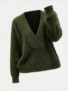 Selianne Autumn/Winter Casual Solid Color Fluffy Sweater - Army Green - View 6