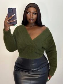 Selianne Autumn/Winter Casual Solid Color Fluffy Sweater - Army Green - View 4