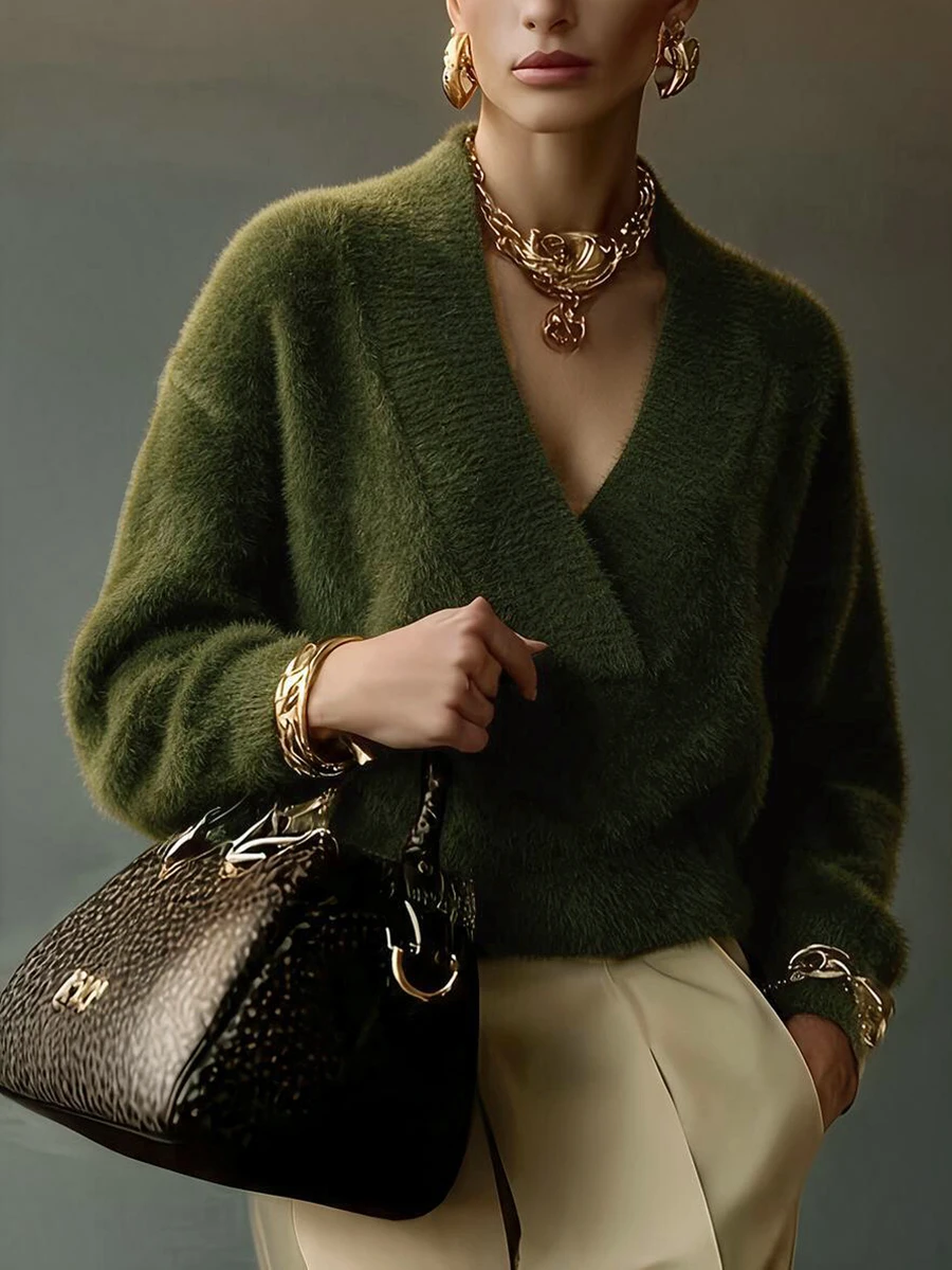 Selianne Autumn/Winter Casual Solid Color Fluffy Sweater - Army Green - View 1