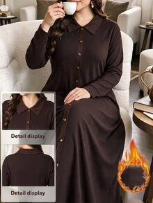 Lacomfia Women's Shirt Collar Long Sleeve Slim Fit Elegant Comfortable Warm Versatile Autumn/Winter Plus Size Dress - Coffee Brown - View 2