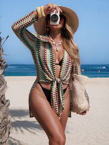 Swim Lushoire Women's Summer Colorful Wavy Pattern Knitted Jacquard Tie-Up Sexy Cover-Up - Multicolor - View 4