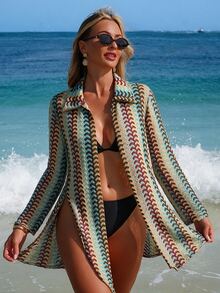 Swim Lushoire Women's Summer Colorful Wavy Pattern Knitted Jacquard Tie-Up Sexy Cover-Up - Multicolor - View 5