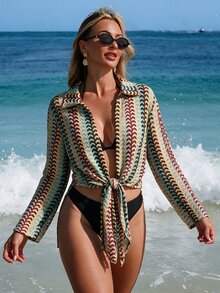Swim Lushoire Women's Summer Colorful Wavy Pattern Knitted Jacquard Tie-Up Sexy Cover-Up - Multicolor - View 3