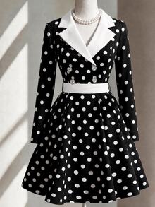 Fine & Folde Autumn/Winter Long Sleeve Waist-Cinching Fabric Patchwork Polka Dot A-Line Elegant Romantic Exquisite Women's Dress - Black and White - View 7