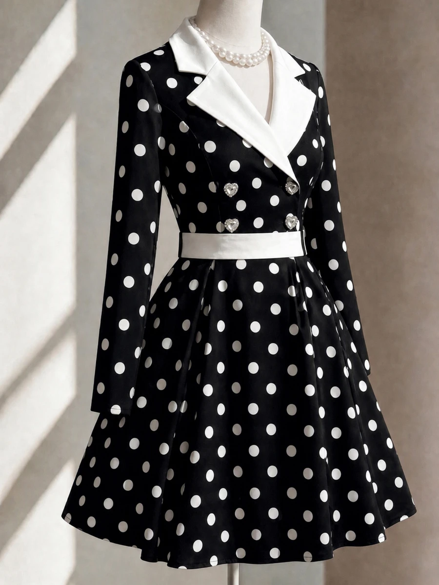 Fine & Folde Autumn/Winter Long Sleeve Waist-Cinching Fabric Patchwork Polka Dot A-Line Elegant Romantic Exquisite Women's Dress - Black and White - View 1
