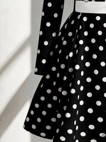 Fine & Folde Autumn/Winter Long Sleeve Waist-Cinching Fabric Patchwork Polka Dot A-Line Elegant Romantic Exquisite Women's Dress - Black and White - View 6