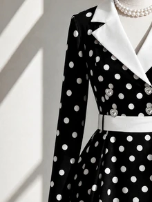 Fine & Folde Autumn/Winter Long Sleeve Waist-Cinching Fabric Patchwork Polka Dot A-Line Elegant Romantic Exquisite Women's Dress - Black and White - View 5