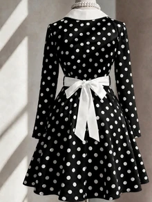 Fine & Folde Autumn/Winter Long Sleeve Waist-Cinching Fabric Patchwork Polka Dot A-Line Elegant Romantic Exquisite Women's Dress - Black and White - View 4
