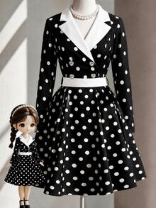 Fine & Folde Autumn/Winter Long Sleeve Waist-Cinching Fabric Patchwork Polka Dot A-Line Elegant Romantic Exquisite Women's Dress - Black and White - View 2