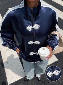 Muchica Women's New Royal Blue Satin Ribbon Patchwork Frog Button Design Loose Jacket For Going Out, Streetwear, Fall Clothes For Women - Royal Blue - View 3