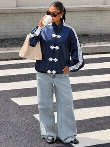 Muchica Women's New Royal Blue Satin Ribbon Patchwork Frog Button Design Loose Jacket For Going Out, Streetwear, Fall Clothes For Women - Royal Blue - View 5