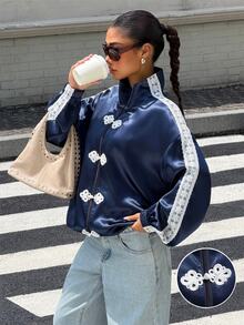 Muchica Women's New Royal Blue Satin Ribbon Patchwork Frog Button Design Loose Jacket For Going Out, Streetwear, Fall Clothes For Women - Royal Blue - View 1