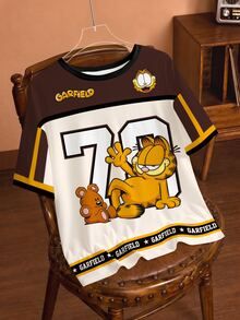 GARFIELD | SHEIN Plus Size Cute Cartoon Graphic Print Round Neck Short Sleeve T-Shirt - White - View 1