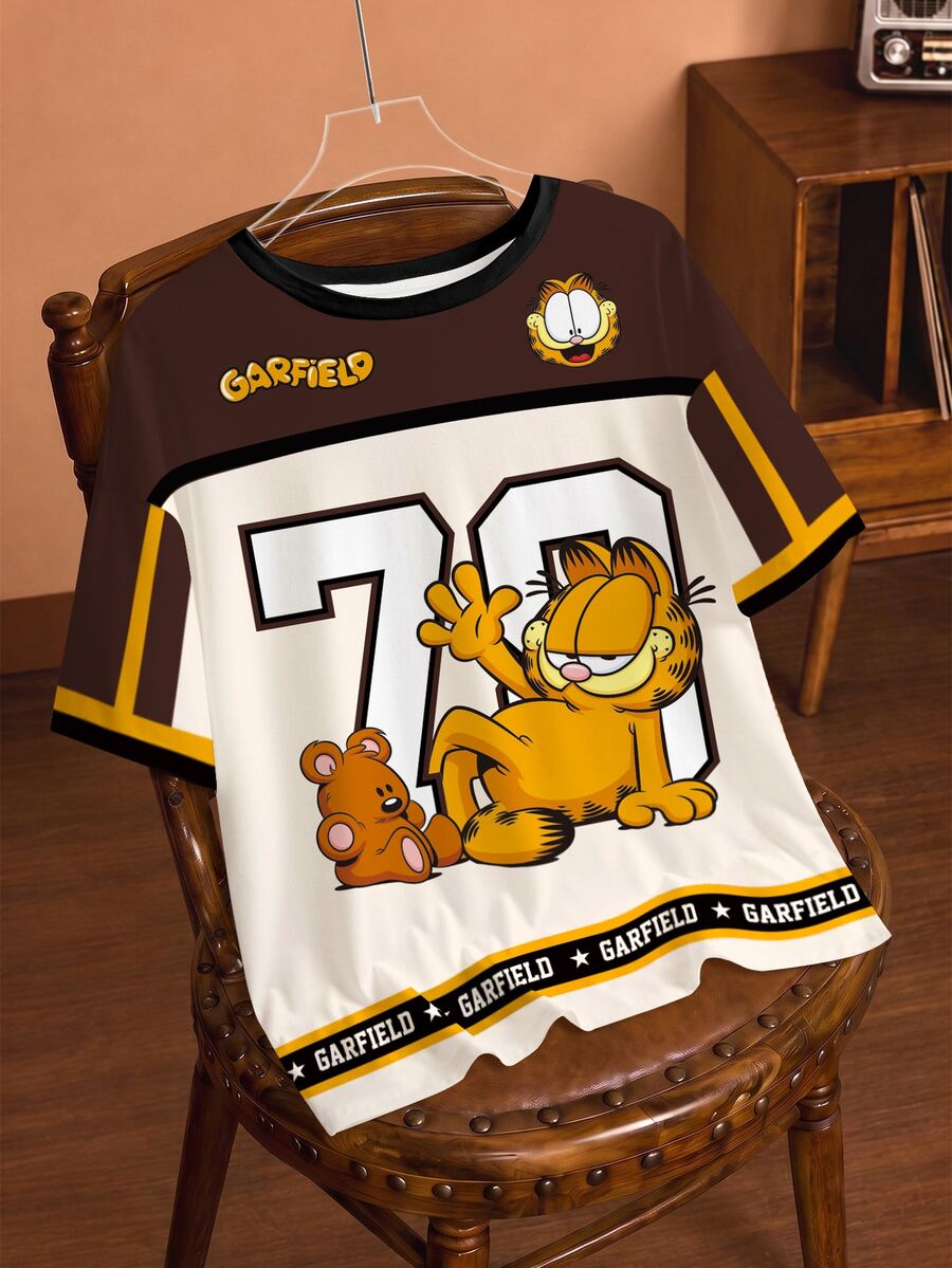 GARFIELD | SHEIN Plus Size Cute Cartoon Graphic Print Round Neck Short Sleeve T-Shirt - White - View 1