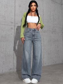 SHEIN Unity 女款水洗高腰寬鬆時尚休閒百搭牛仔褲 - 中等水洗藍 - 查看 6