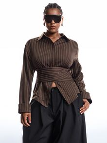 LYSMO Plus Size Women's Fall/ Striped Button Long Sleeve Shirt Office Formal Brown Elegant Business Casual - Multicolor - View 1