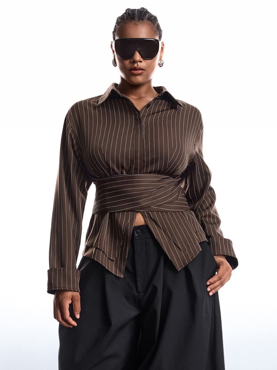 LYSMO Plus Size Women's Fall/ Striped Button Long Sleeve Shirt Office Formal Brown Elegant Business Casual - Multicolor - View 1