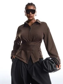 LYSMO Plus Size Women's Fall/ Striped Button Long Sleeve Shirt Office Formal Brown Elegant Business Casual - Multicolor - View 5