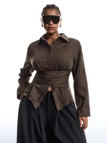 LYSMO Plus Size Women's Fall/ Striped Button Long Sleeve Shirt Office Formal Brown Elegant Business Casual - Multicolor - View 6