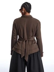 LYSMO Plus Size Women's Fall/ Striped Button Long Sleeve Shirt Office Formal Brown Elegant Business Casual - Multicolor - View 2