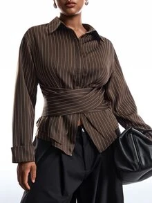 LYSMO Plus Size Women's Fall/ Striped Button Long Sleeve Shirt Office Formal Brown Elegant Business Casual - Multicolor - View 4