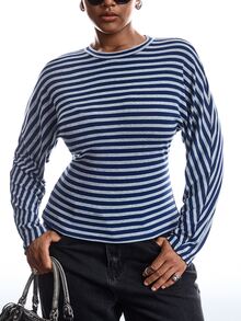 LYSMO Plus Size Women's Autumn/Winter Striped Colorblock Waist-Cinching Long Sleeve T-Shirt Fall - Multicolor - View 3