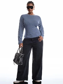 LYSMO Plus Size Women's Autumn/Winter Striped Colorblock Waist-Cinching Long Sleeve T-Shirt Fall - Multicolor - View 4
