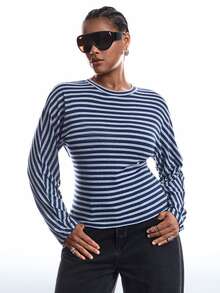 LYSMO Plus Size Women's Autumn/Winter Striped Colorblock Waist-Cinching Long Sleeve T-Shirt Fall - Multicolor - View 1