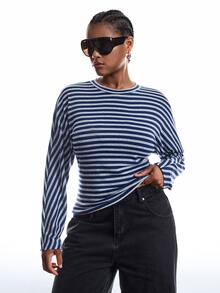 LYSMO Plus Size Women's Autumn/Winter Striped Colorblock Waist-Cinching Long Sleeve T-Shirt Fall - Multicolor - View 5
