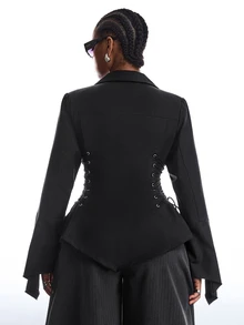 LYSMO Plus Size Women Solid Color Tie Design Casual Versatile Commute Travel Blazer - Black - View 2