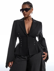 LYSMO Plus Size Women Solid Color Tie Design Casual Versatile Commute Travel Blazer - Black - View 1