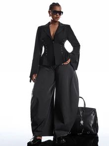 LYSMO Plus Size Women Solid Color Tie Design Casual Versatile Commute Travel Blazer - Black - View 5
