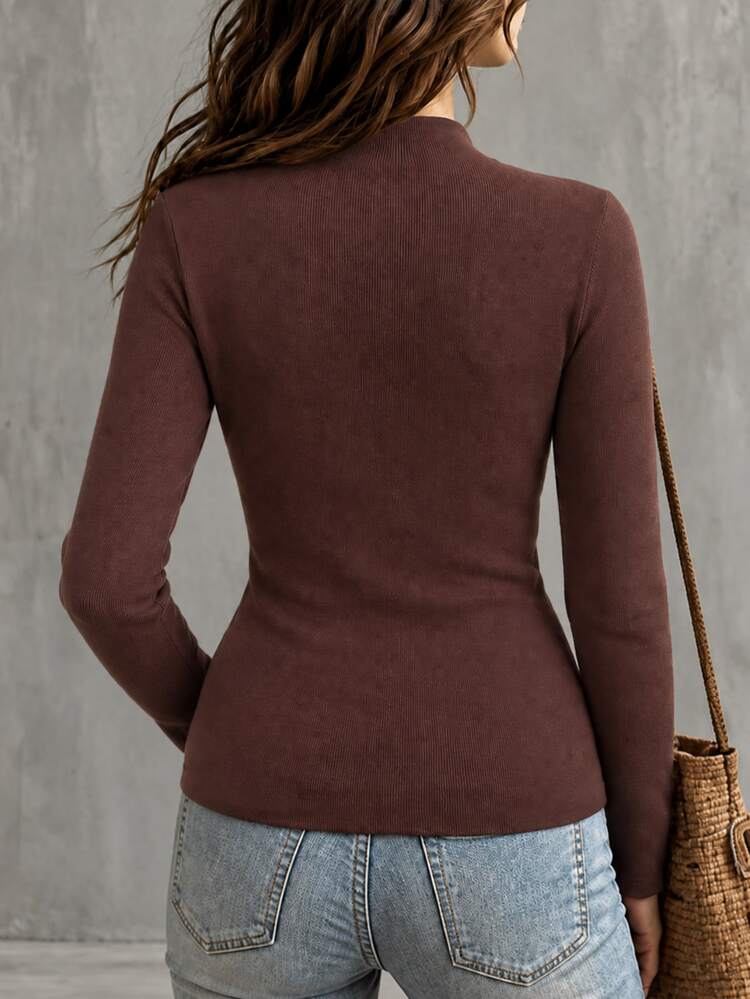 SHEIN PariChic 女款休閒秋冬純色鈕扣百褶長袖套頭針織衫 - 鏽棕色 - 查看 2