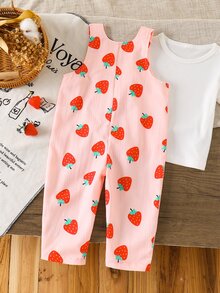 SHEIN Vintaside Kids 女嬰白色亮粉色草莓印花無袖吊帶褲連身褲寬腿長褲 嬰兒幼兒可愛秋季親子套裝 - 淺粉色 - 查看 3