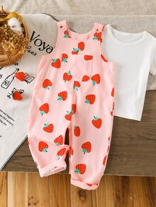 SHEIN Vintaside Kids 女嬰白色亮粉色草莓印花無袖吊帶褲連身褲寬腿長褲 嬰兒幼兒可愛秋季親子套裝 - 淺粉色 - 查看 4