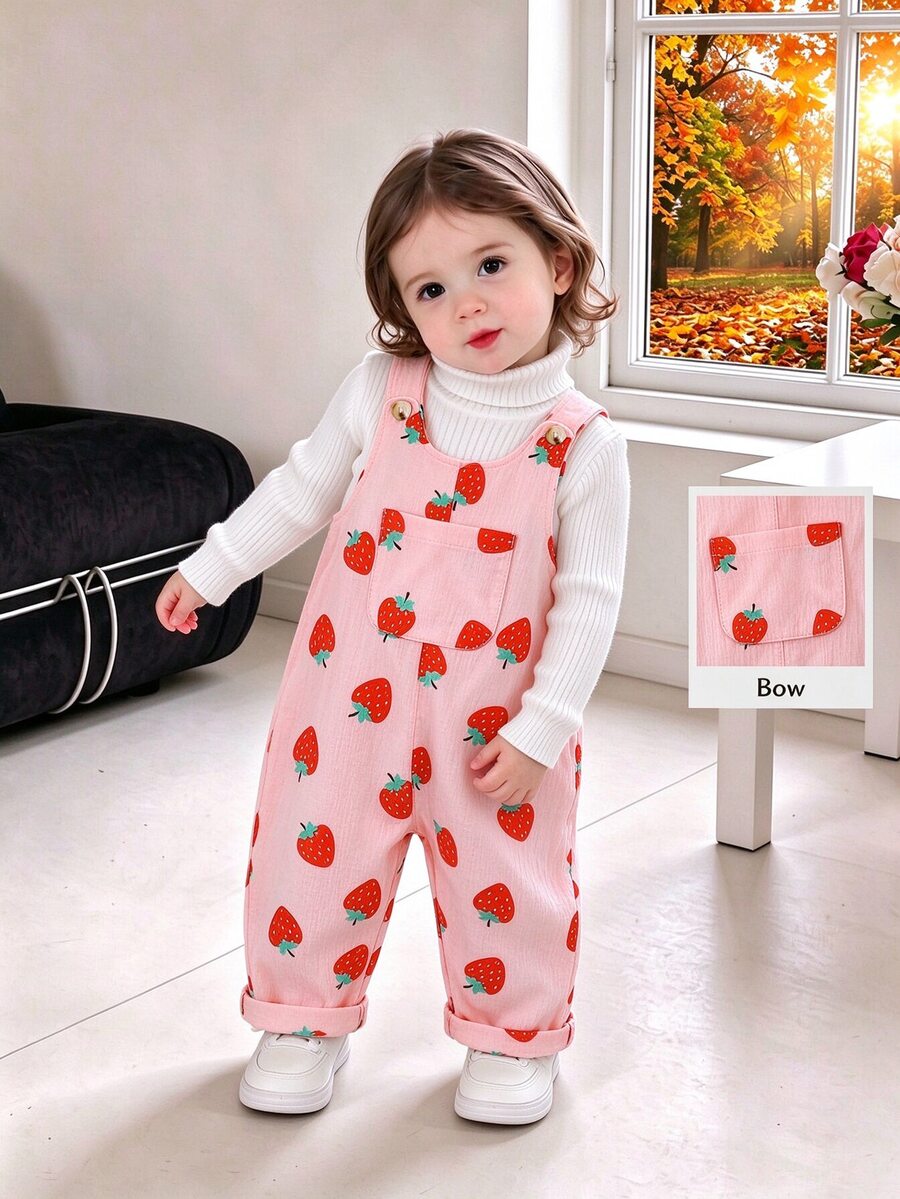 SHEIN Vintaside Kids 女嬰白色亮粉色草莓印花無袖吊帶褲連身褲寬腿長褲 嬰兒幼兒可愛秋季親子套裝
