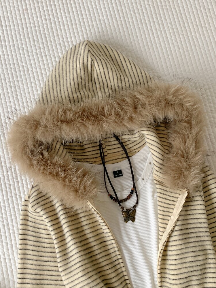 Comfortcana Women's Casual Retro Vintage 70s Beige Hooded Sweatshirt, Autumn/Winter, Outfits, Jacket, Elegant Blouses, Thanksgiving Everyday Travel - Grey - View 4