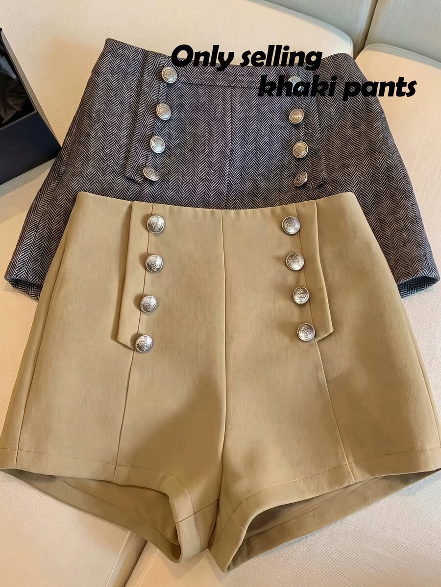 SHEIN Franclia 女款休閒街頭鈕扣短褲,適合外出與通勤 - 卡其色 - 查看 1