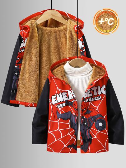 SHEIN Kids Young Boy Casual Cartoon Everyday Versatile Comfortable Fleece Lined Hooded Open Front Long Sleeve Mid-Weight Woven Autumn Jacket